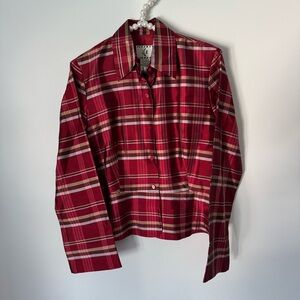 ICE Red Plaid Peplum 100% Silk Button Up Blouse Size 4